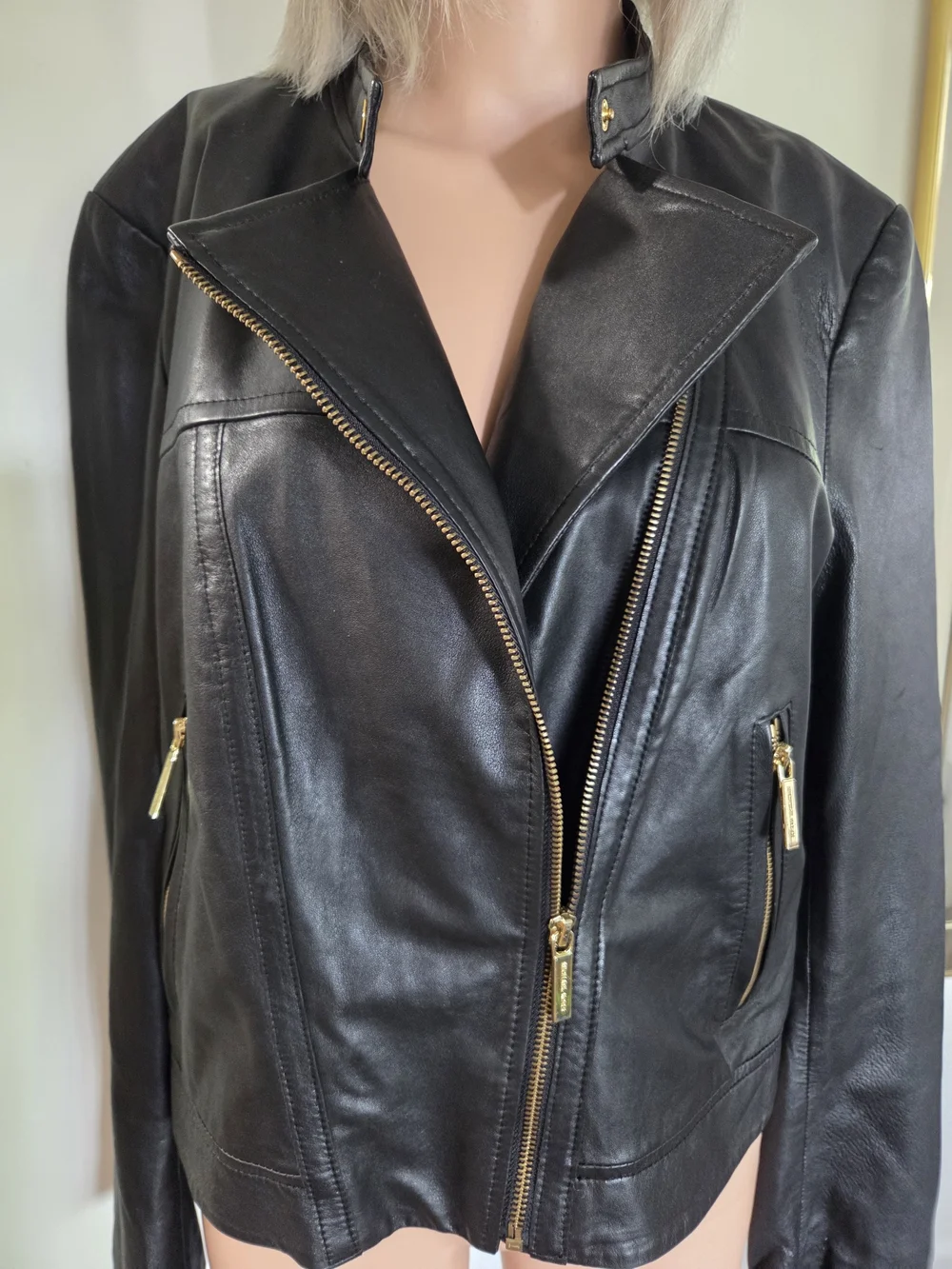 Michael Kors Womens Black Leather Moto Jacket with Gold Hardware Size 16